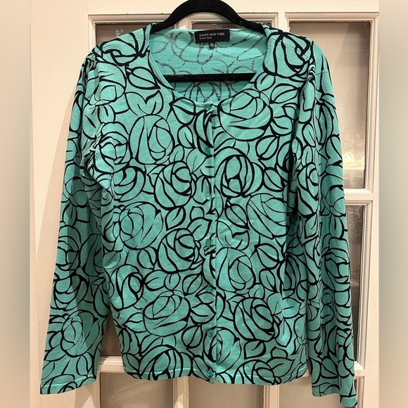 Jones New York Signature Silk Blend Cardigan Teal Rose Floral Button Up Size XL - Picture 1 of 10